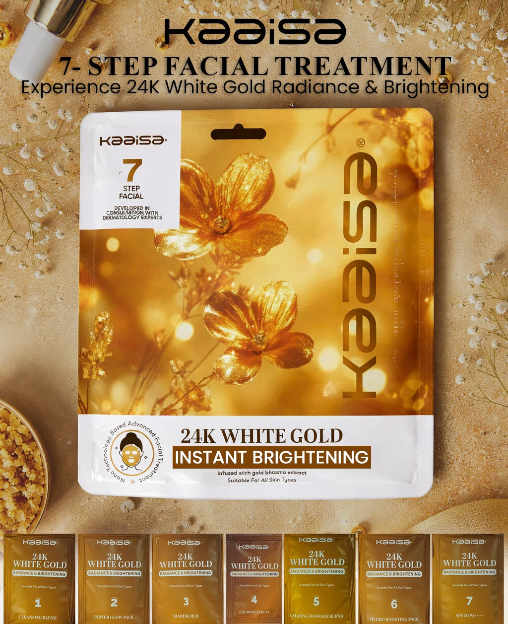 Kaaisa 24K White Gold facial kit with seven treatment sachets